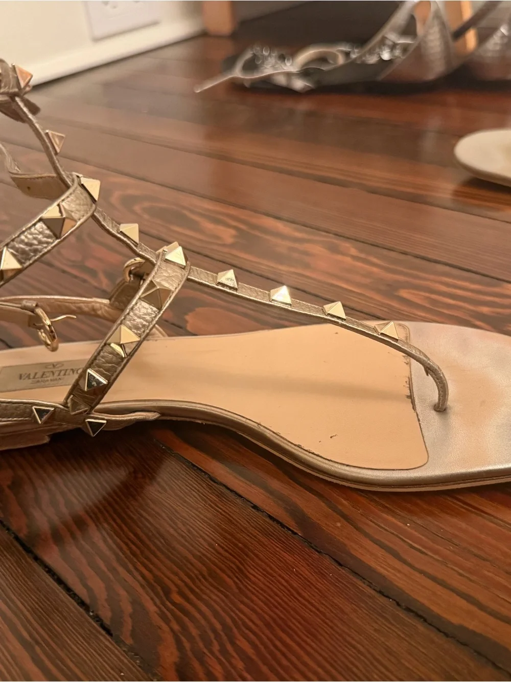 Valentino Gold Pyramid-Stud T-Strap Flat Sandals - Women